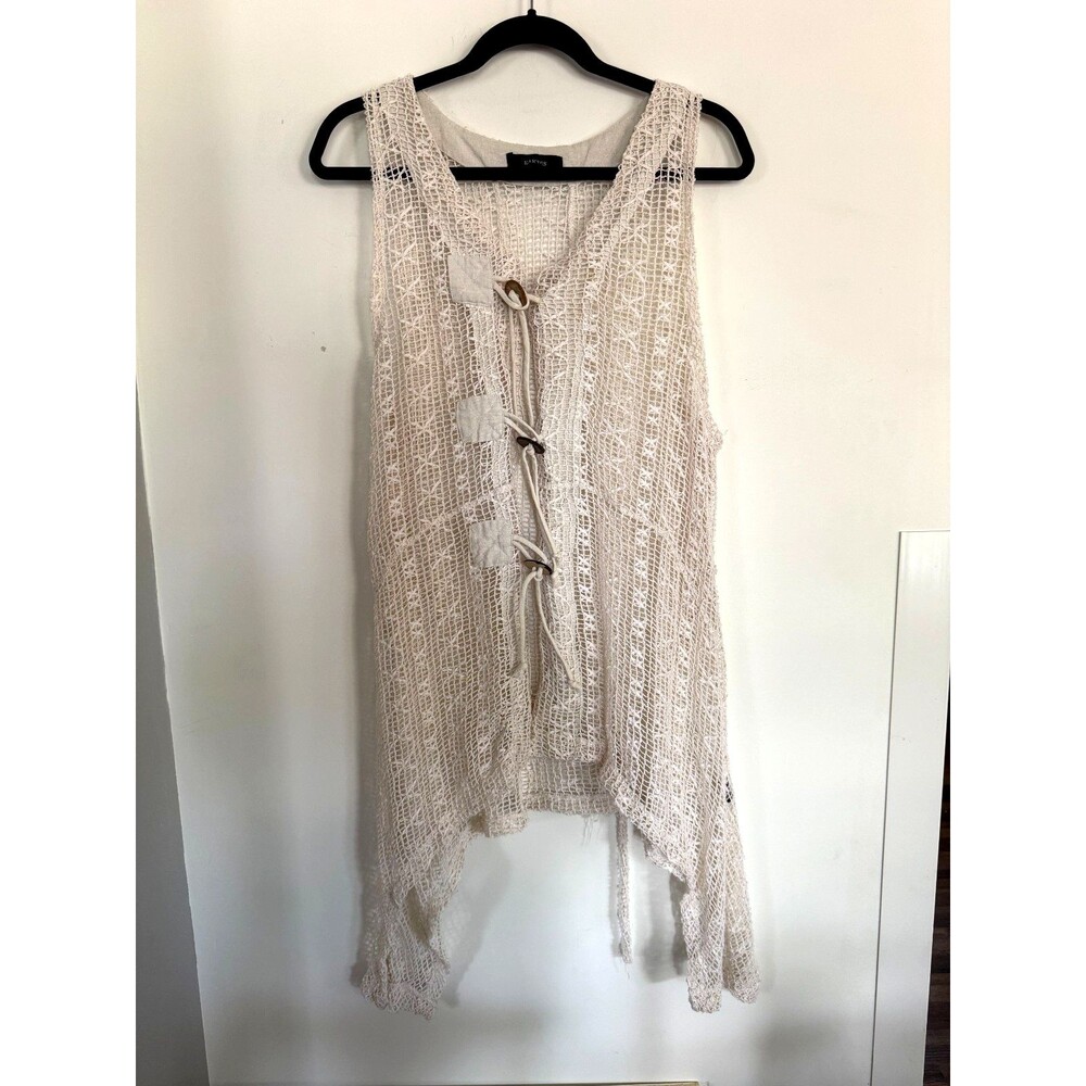 Kaktus Long Vest Womens Sz 2X (XL) Ivory Mesh Crochet Boho Festival Sharkbite